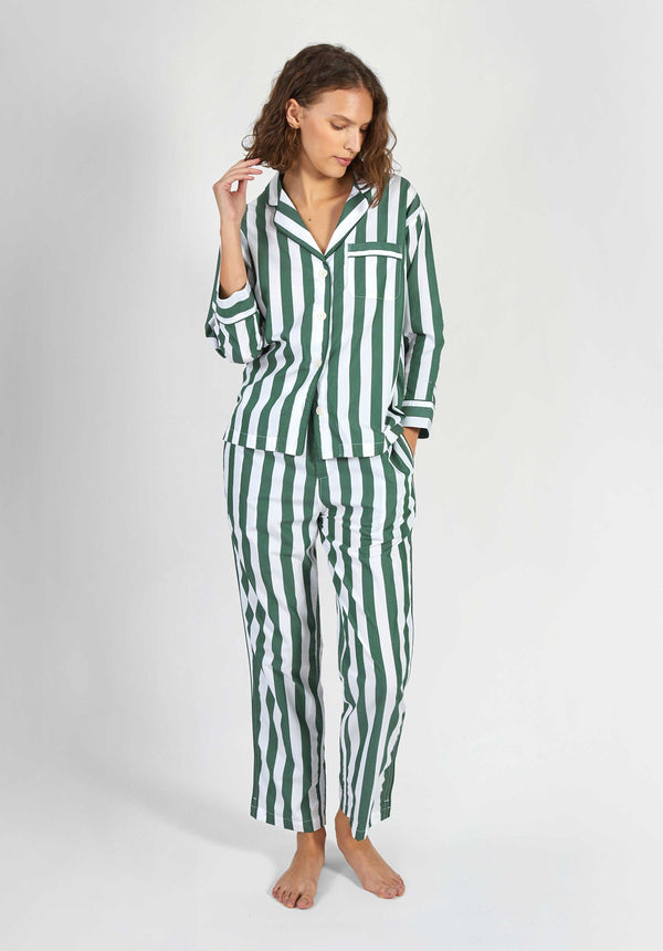 SLEEPY JONES | Marina Pajama Set in Green & White Tent Stripe - Women's Pajamas