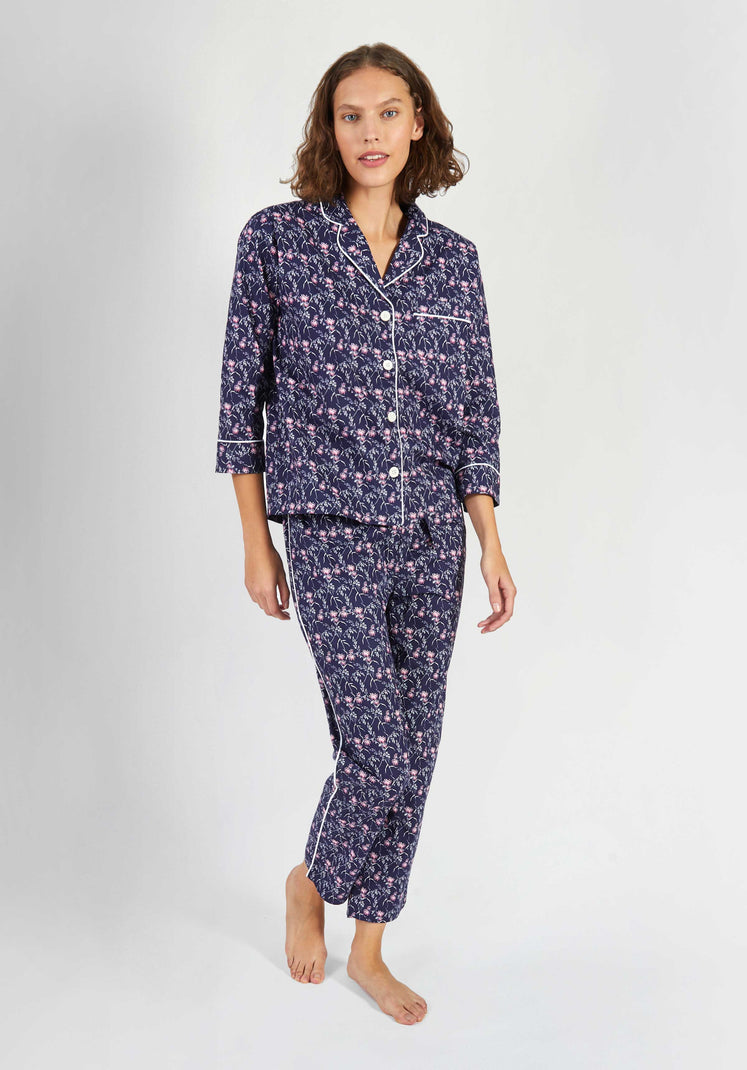 Ladies Navy Blue Floral Long Pyjamas PJS Set