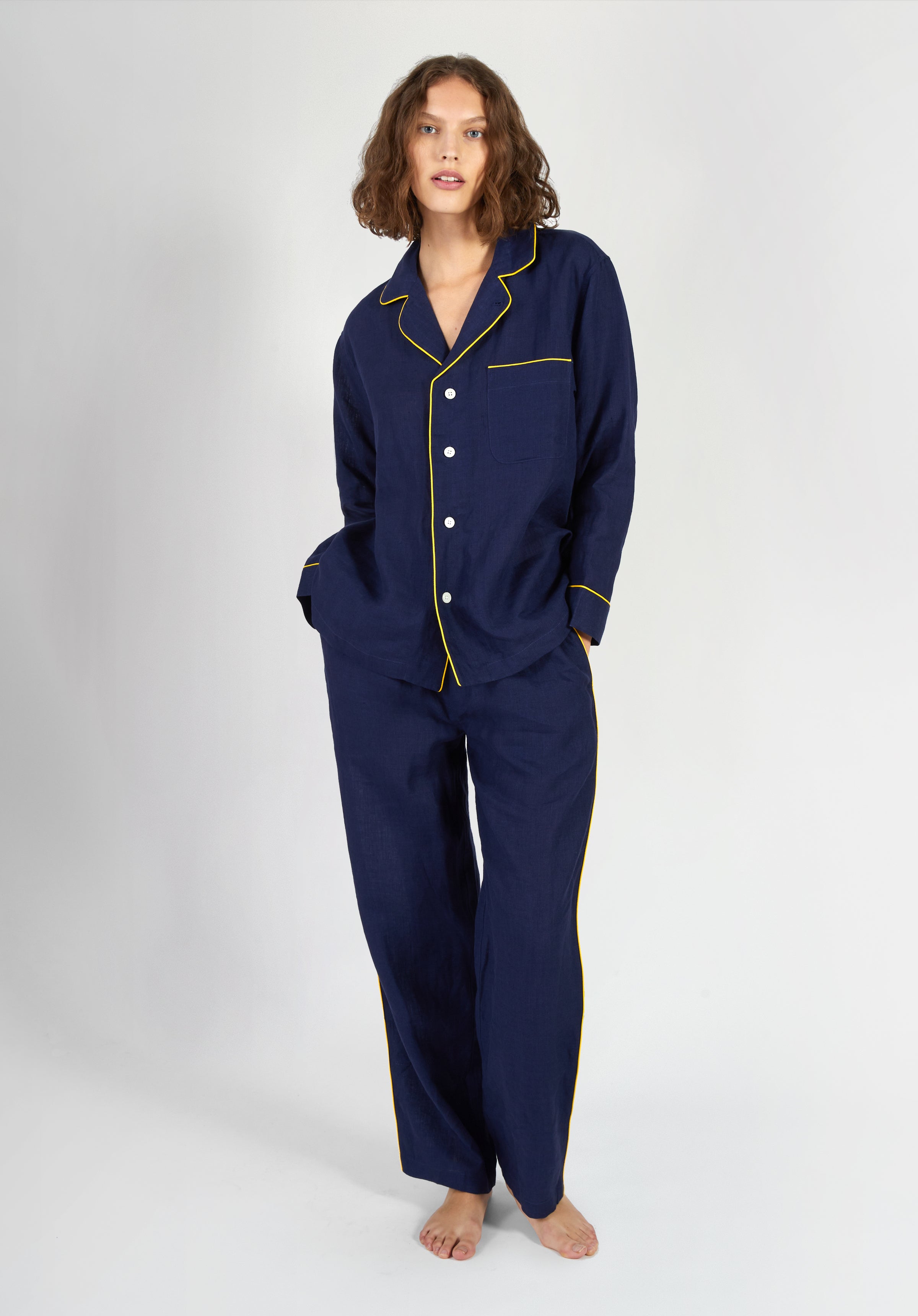 SLEEPY JONES Milton Pajama Shirt in Navy Linen Sleepy Jones