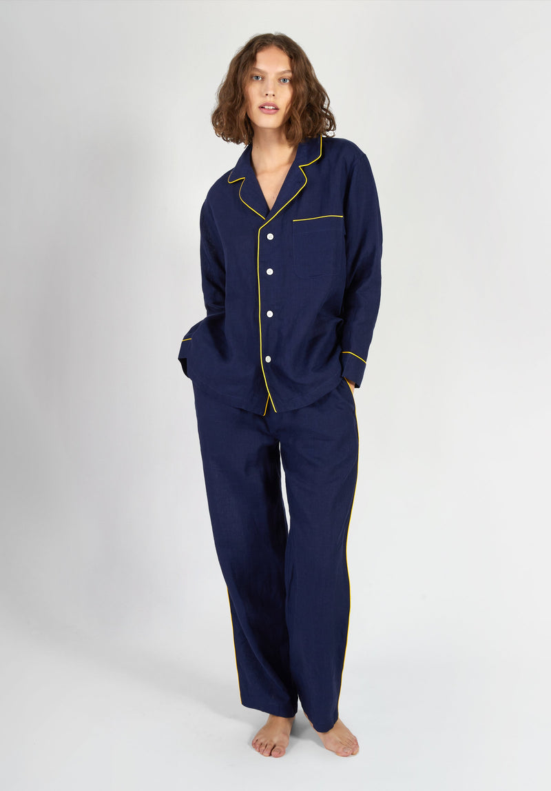 SLEEPY JONES | Milton Pajama Shirt in Navy Linen - [product-type]
