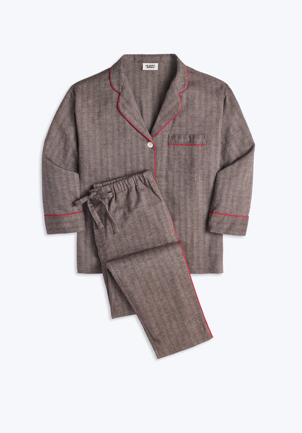 SLEEPY JONES | Marina Pajama Set in Brown Herringbone Flannel