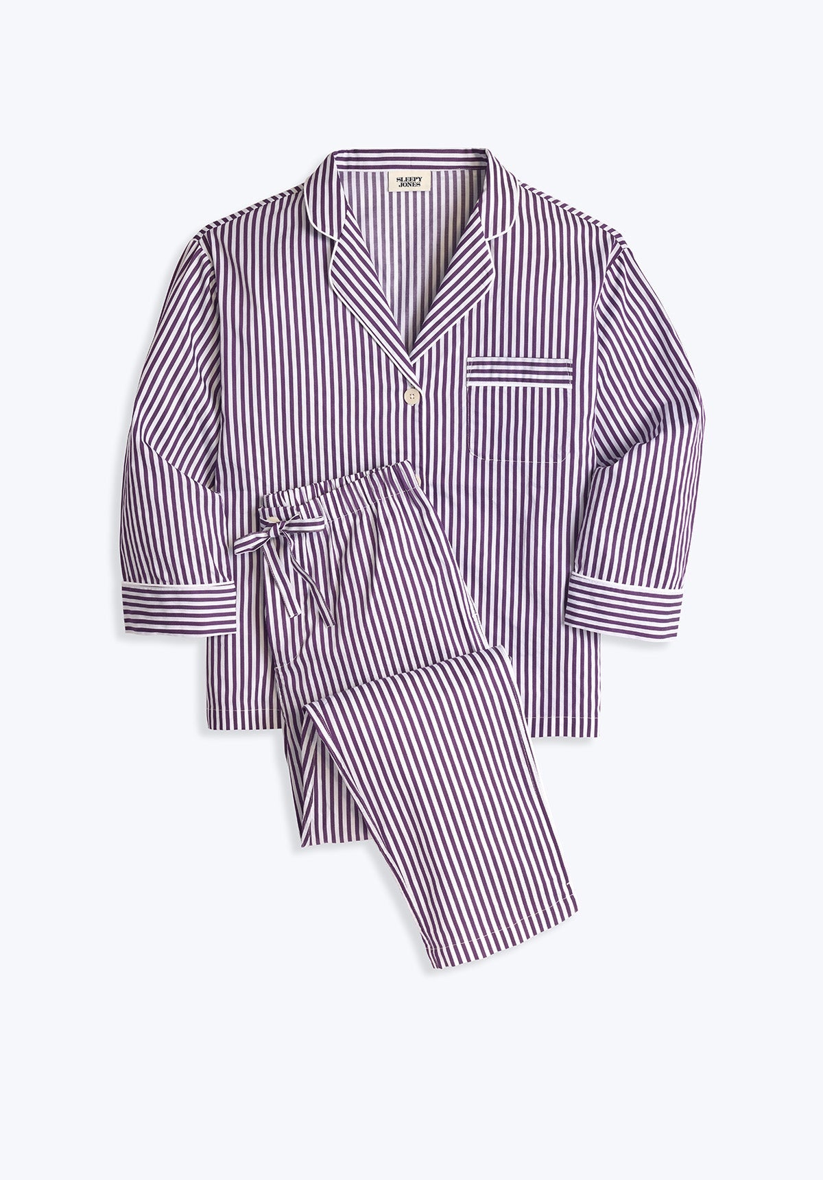 SLEEPY JONES Marina Pajama Set in Purple Sateen Stripe Sleepy