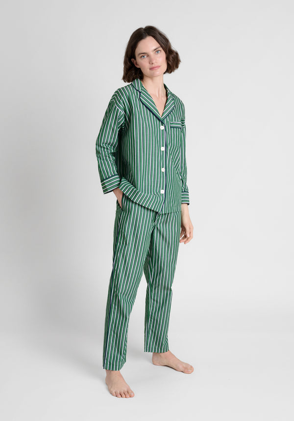 Marina Pajama Set in Green, Navy, & Cream Shadow Stripe